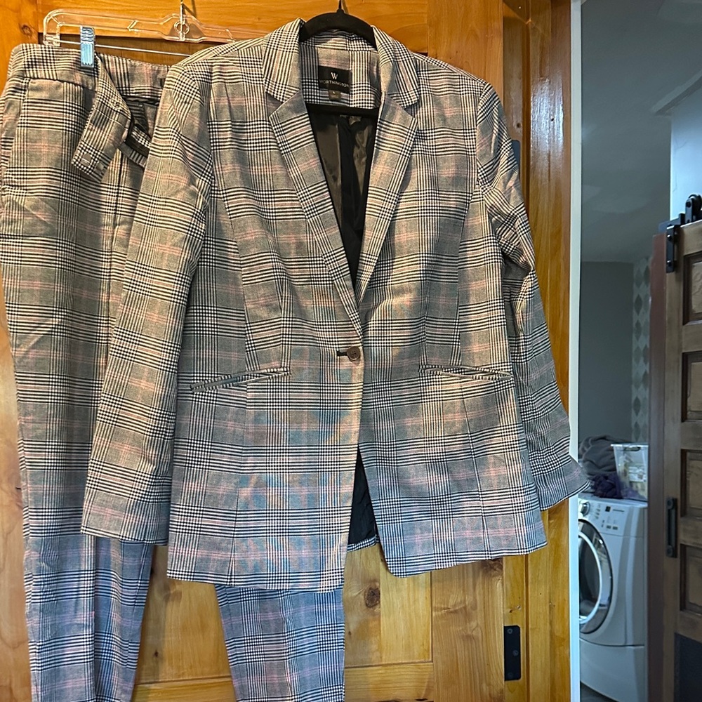 Worthington Black and Gray Plaid Blazer and Pants Set